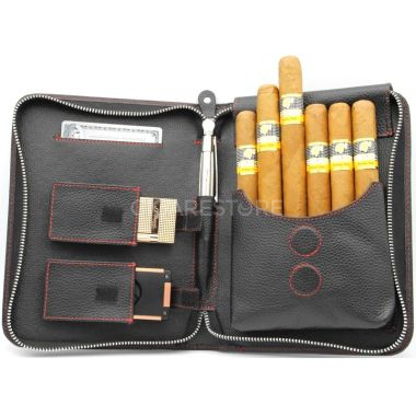 Set à Cigares ADORINI, cuir noir 5-7 cigares couture rouge - 29071