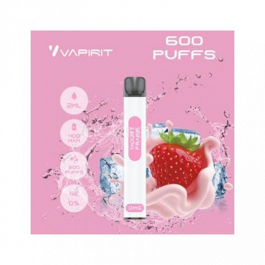 Cigarette électronique jetable Vapirit Puff - 600 puffs Saveur yahourt fraise 0mg et 20mg